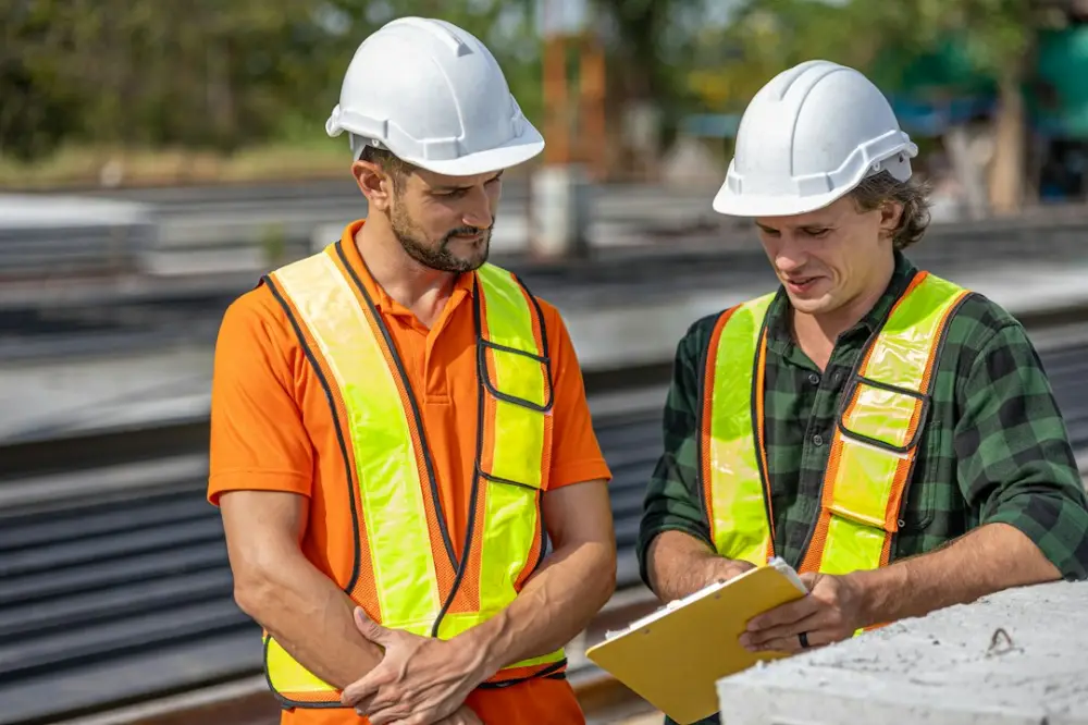 Construction workers review plans at a job site, illustrating sustainable construction training